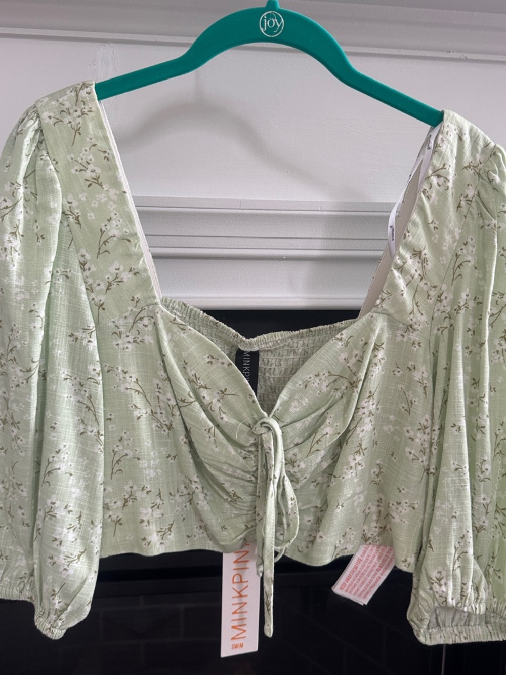 MINKPINK Sage Green Floral Ruched Tie-Front Puff Sleeve Top